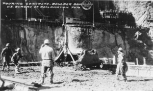 Film transparency of workers pouring concrete into the dam form, Hoover Dam, circa mid 1930s