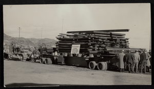 Photograph of Six Companies, Inc. truck and employees, Hoover Dam, circa 1930-1935