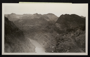 Photograph of construction of roads and bridge across Colorado River, Hoover Dam, circa 1930-1935