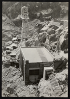Photograph of head tower hoist house and permanent 150 ton cableway, Hoover Dam, circa 1930-1935