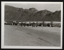 Photograph of buses and people at Hemenway Harbor, Lake Mead, Nevada, circa 1930s-1940s