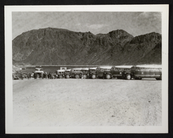 Photograph of buses and people at Hemenway Harbor, Lake Mead, Nevada, circa 1930s-1940s