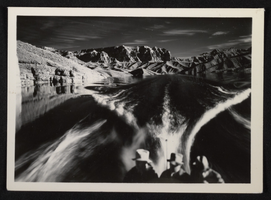 Photograph of passengers on power boat on Lake Mead, circa late 1935-1950