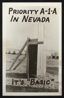Postcard of outhouse and tents, Henderson, Nevada, circa 1941