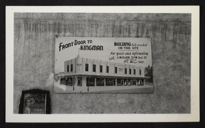 Photograph of advertisment for construction of Miller Building, Kingman, Arizona, circa 1940s