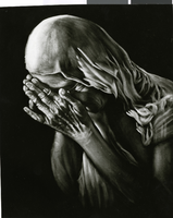 Photograph of a painting of a woman with her hands raised to her face by Joy Caros, May 1963
