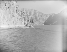 Film negative showing a boat on Lake Mead, January 1938
