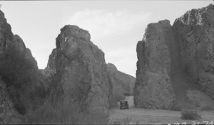 Film transparency showing a car on a road in Nelson, Nevada, circa 1930s-1940s