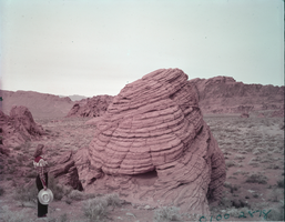 Film transparency of a woman at the Valley of Fire, Nevada, circa late 1930s-1950s