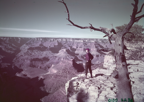 Film transparency of woman standing on a cliff in the Grand Canyon, Arizona, circa 1940s-1950s
