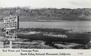 Postcard showing Bad Water and Telescope Peak, Death Valley, California, circa 1930s to 1950s