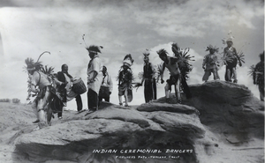 Postcard of Native American dancers, Nevada, circa 1920-1955