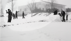 Photograph of children throwing snowballs in Boulder City, Nevada, circa late 1930s