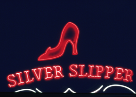 Slide of the Silver Slipper neon sign at night, Las Vegas, Nevada, circa 1980s