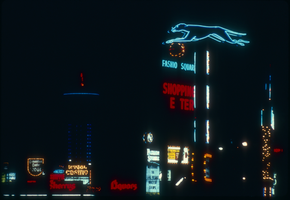 Slide of neon lights  at Greyhound Bus Terminal, Las Vegas, circa 1980s