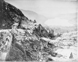 Film transparency of snow sheds covering railroad tracks in the Sierra Nevada Mountains, circa early to mid 1900s