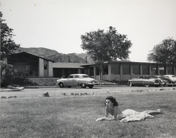 Photograph of the front entrance of the Lake Mead Lodge, Nevada, circa 1940s to 1950s