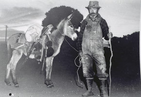 Film transparency of a man and a burro, American Southwest, circa 1930s-1940s