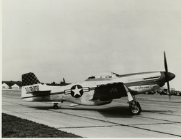 Black-and-white photograph of P-51D Mustang, Nellis Air Force Base, Nevada, 1949-1952