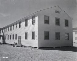 Black-and-white photograph of Nellis Air Force Base barracks, Nevada, circa 1950s