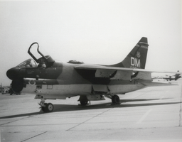 Black-and-white photograph of an A-7D attack aircraft at Nellis Air Fornce Base, Nevada, 1972
