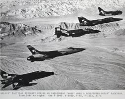 Black-and-white photograph of Nellis Air Force Base tactical fighter aircraft in flight, circa early 1970s