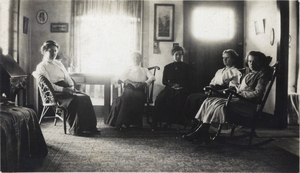 Black-and-white photograph of Julia Russell, Mrs. Worrell, Grace Worrell, Olive Lake, and Wanda Bell, circa 1900s-1930s