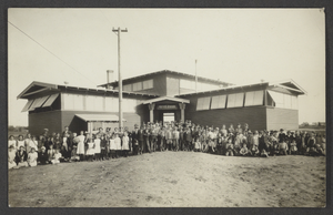 Postcard of children and teachers outside of a school in Riverbank, California, circa 1910-1913