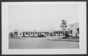 Black-and-white photograph of the Chief Autel Court motel, Las Vegas, Nevada, circa 1938-1940s