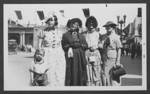 Black-and-white photograph of Stocker family members in costume at the Helldorado Parade, Las Vegas, Nevada, 1934