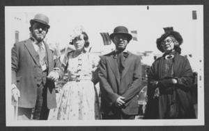 Black-and-white photograph of Stocker family members in costume at the Helldorado Parade, Las Vegas, Nevada, 1934