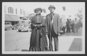 Black-and-white photograph of Mayme Stocker and Clarence Stocker in costume at the Helldorado Day Parade, Las Vegas, Nevada, 1934