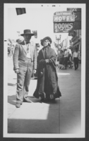Black-and-white photograph of Mayme Stocker and an unidentified man in costume at the Helldorado Parade, Las Vegas, Nevada, 1934