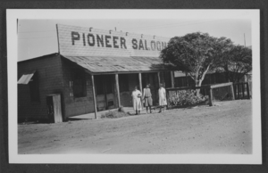 Black-and-white photograph of people outside of the Pioneer Saloon, Goodsprings, Nevada, circa 1920s-1930s