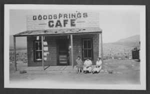 Black-and-white photograph of three women on the porch of the Goodsprings Cafe, Goodsprings, Nevada, circa 1920s