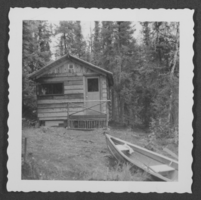 Black-and-white photograph of Harry Newton's cabin, Montana, September 14, 1958