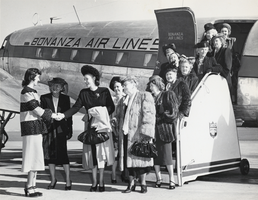 Photograph of people boarding Bonanza Air Craft, Las Vegas, circa 1945-1950s