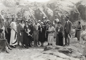 Black-and-white photograph of people at a wedding at Hoover Dam, circa 1930s to 1940s