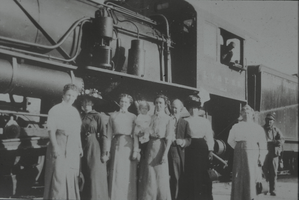 Slide of people in front of a locomotive, Las Vegas, circa early 1900s