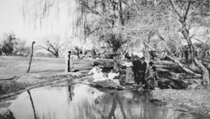 Film transparency of a group picnicking at the Old Ranch, Las Vegas, circa early 1900s