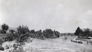 Photograph of an open field with trees and a river, circa early 1900s