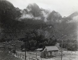 Photograph of a log cabin west of Las Vegas, circa 1920s to 1930s