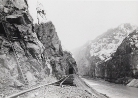 Photograph of railroad tracks being laid at the Hoover Dam construction site, 1931