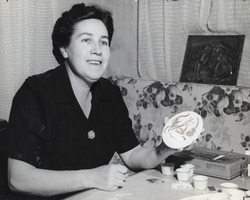Film transparency of Erma Godbey working on an art project in Boulder City, Nevada, circa 1950s-1960s