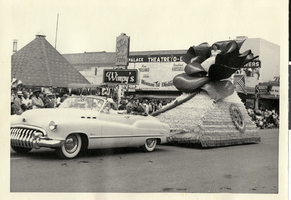 Photograph of Kathryn Blackman riding a float in the Helldorado Parade, Las Vegas, Nevada, 1950