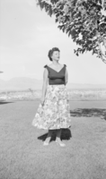 Photograph of Mayme Stocker in front of the Stocker home Las Vegas, Nevada, circa 1930's-1950's