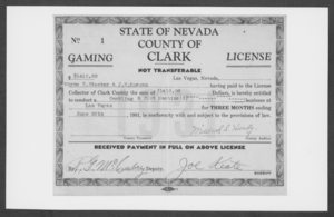 Photograph of Clark County, Nevada gaming license issued to Mayme V. Stocker and J.H. Morgan, circa March 20, 1931
