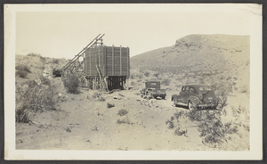 Photograph of a wooden mining structure, Moapa, Nevada, circa 1930s-1940s