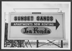 Photograph of a billboard advertising the Sunset Sands and La Fonda apartments, Las Vegas, Nevada, circa 1960s-1970s