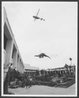 Black-and-white photograph of a helicopter delivering a dinosaur statue to the Tropicana Hotel, Las Vegas, Nevada, circa 1986